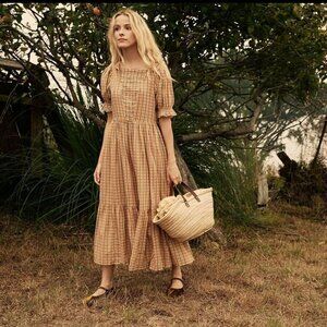 DOEN Elodie Plaid Square Neck Puff Sleeve Midi Dress Meringue Orange Large NWT